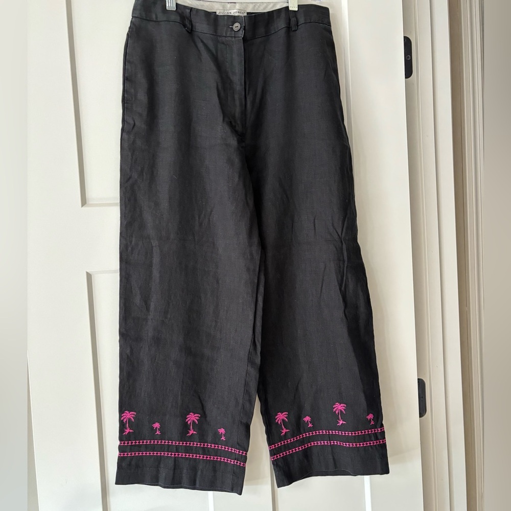 Black Linen Hi-Waist Wide Leg Cropped‎ Pants with Hot Pink Pineapples size 10